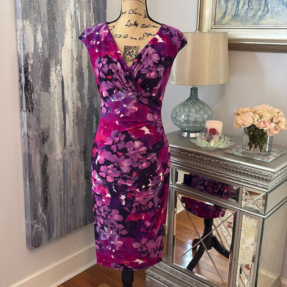 RALPH LAUREN Floral Purple Pink Black S 4 faux wrap spring summer dress designer